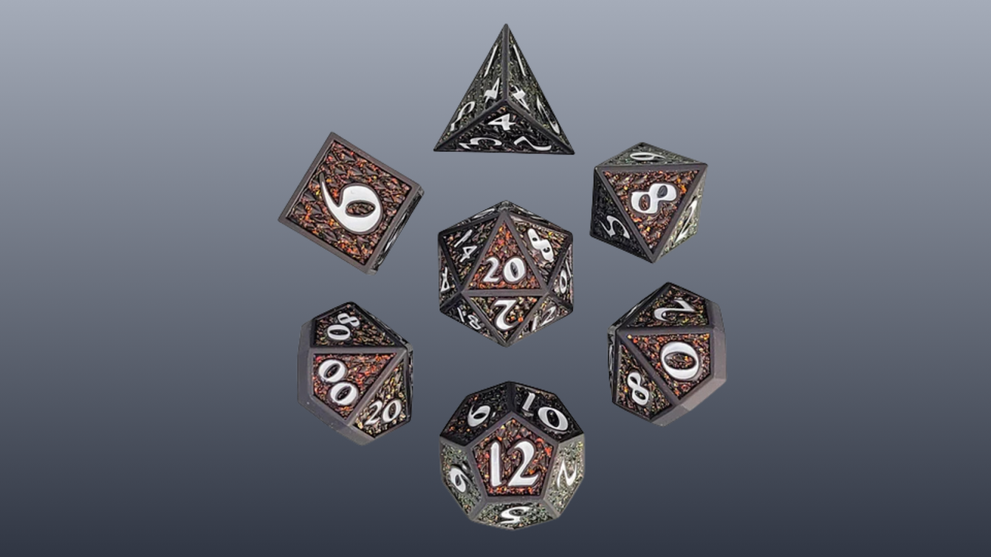 Dragon Scale Gunmetal Matte Amber Glitter Set of 7 Metal Dice