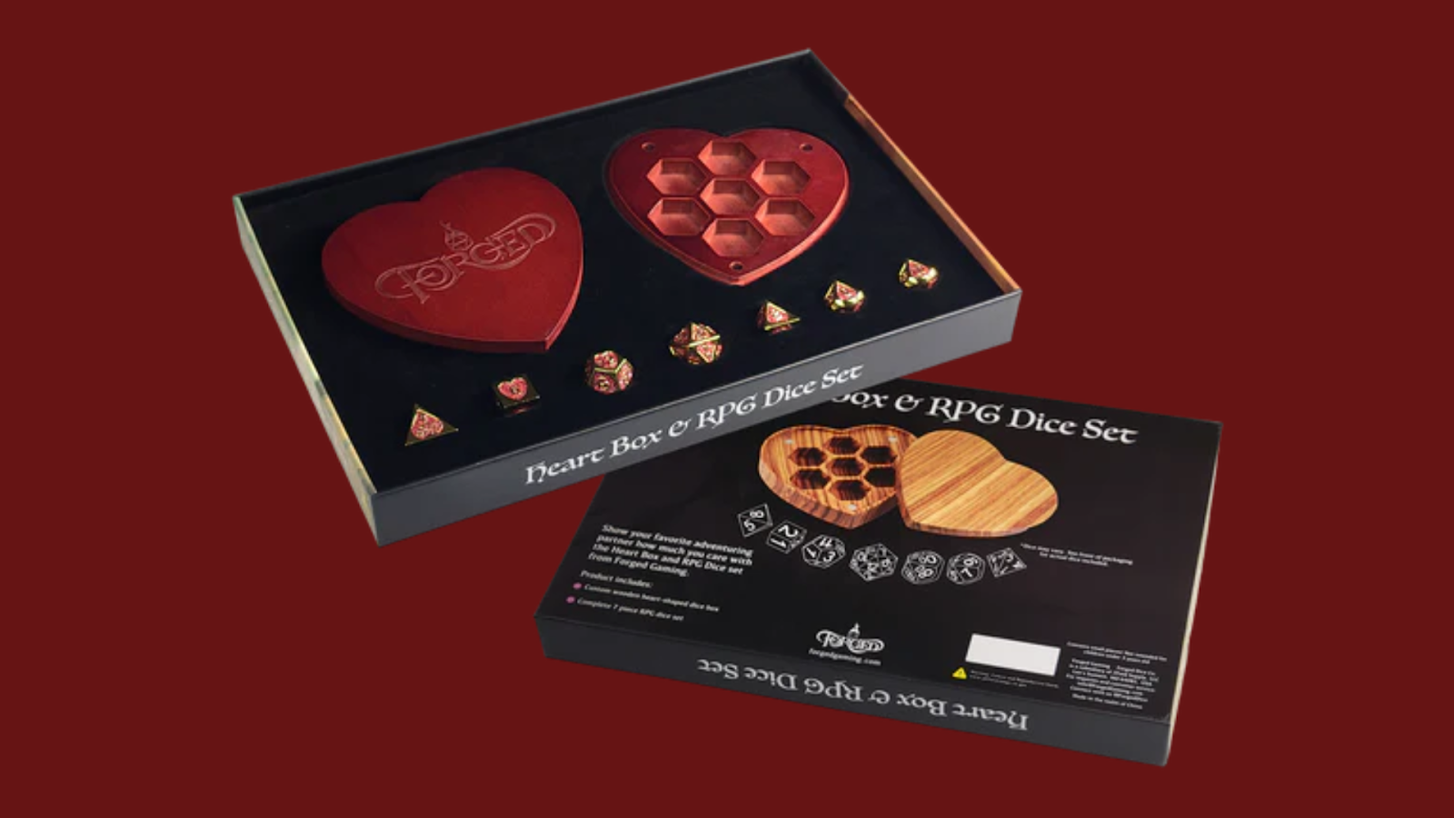 Fortunate Heart Set of 7 Heart-Shaped Metal RPG Dice and Heart Dice Box