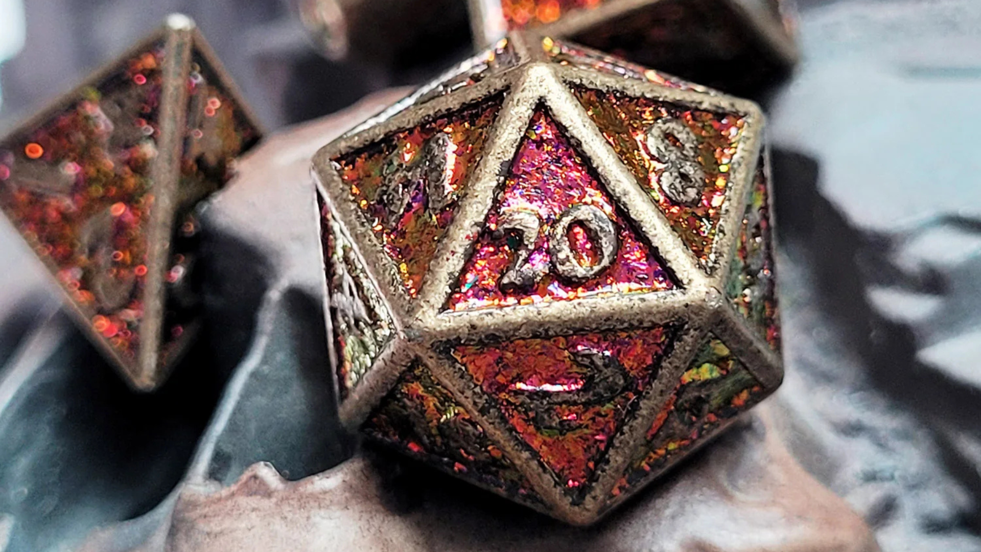 Guardian Antiqued Gold Red Gold Shift Glitter Metal RPG Dice by Forged Gaming