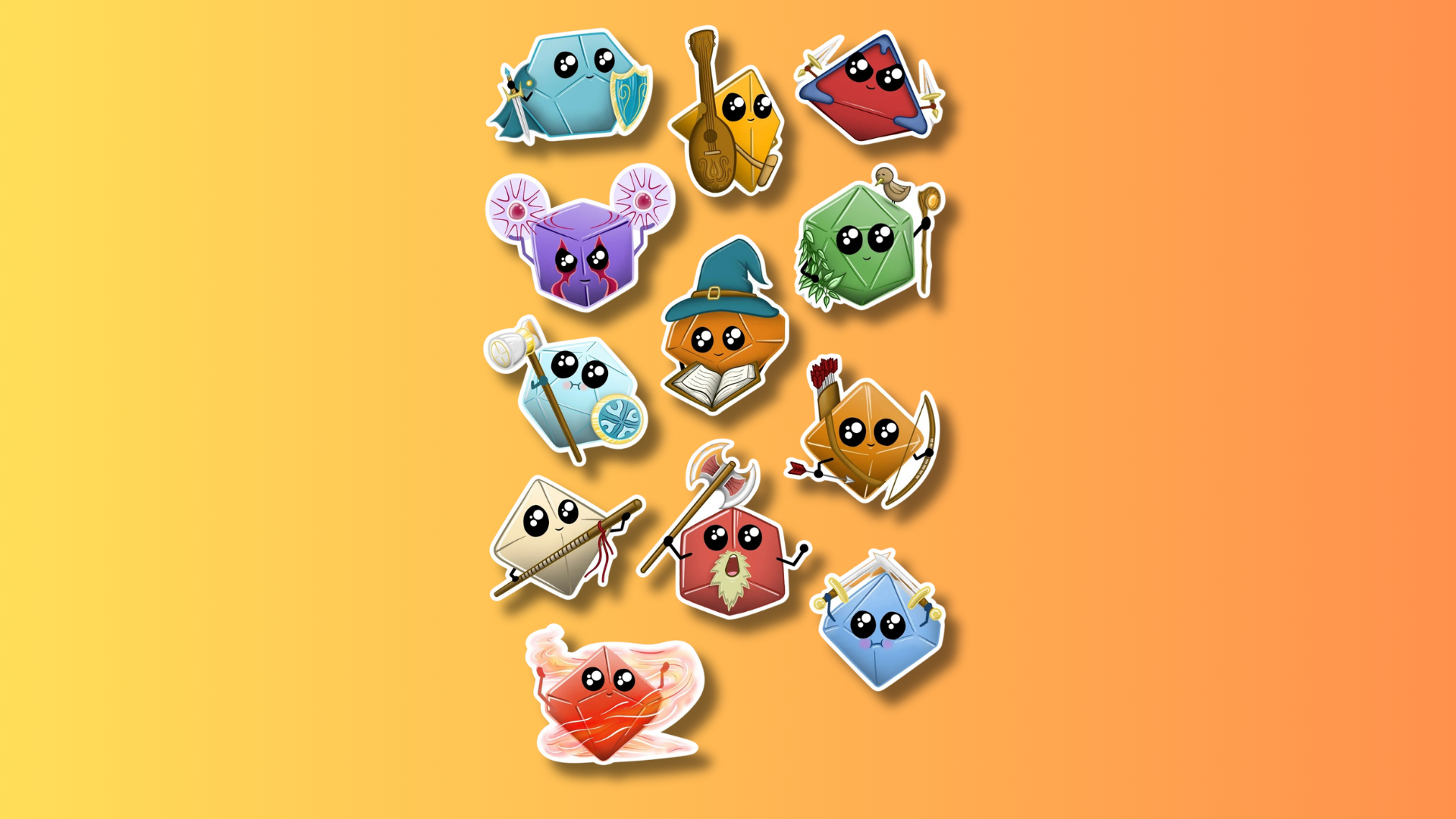 Kawaii dice characters representing different DnD character classes as stickers