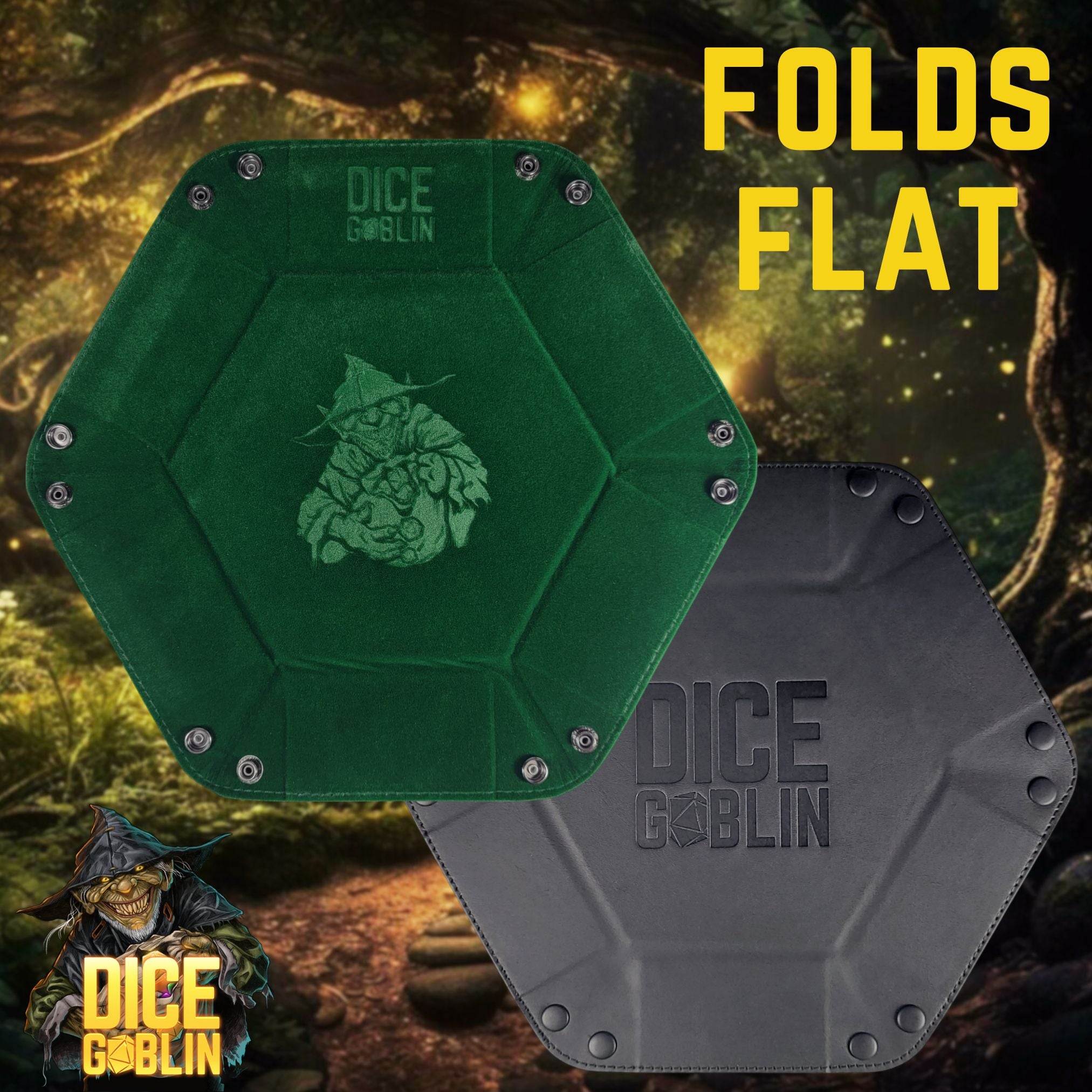 This is an informative graphic highlighting the front and back of the Dice Goblin Hexagon Folding Snap Dice Tray.