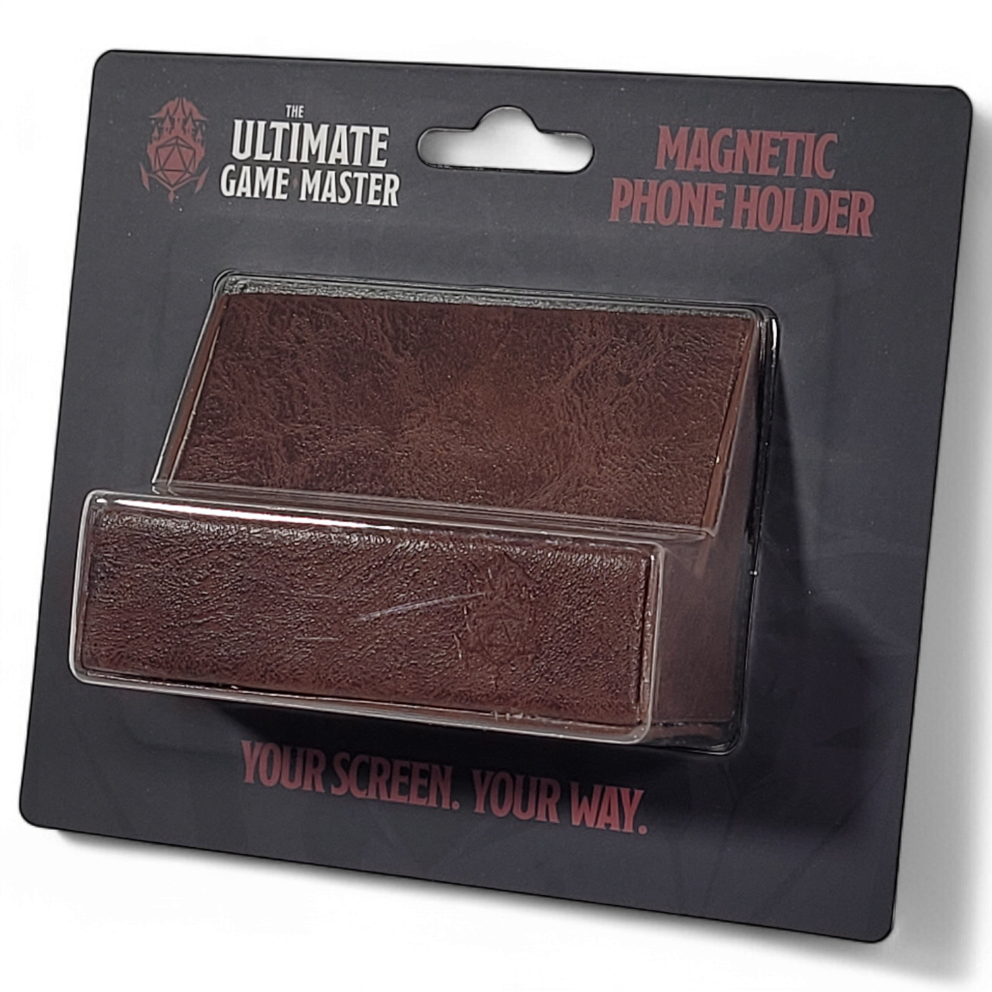 This is a white background image of the brown version Ultimate Game Master Screen Phone Holder in retail packaging.