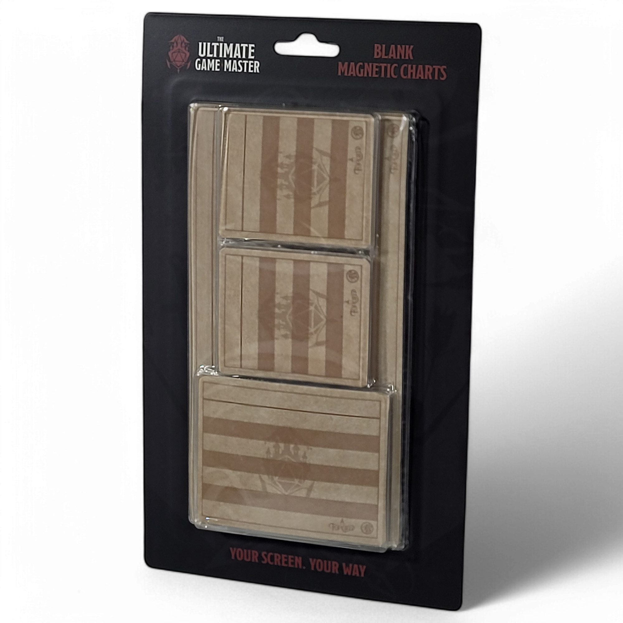 This is a white background image of the Ultimate Game Master Screen Blank Magnetic Charts Pack in retail packaging.