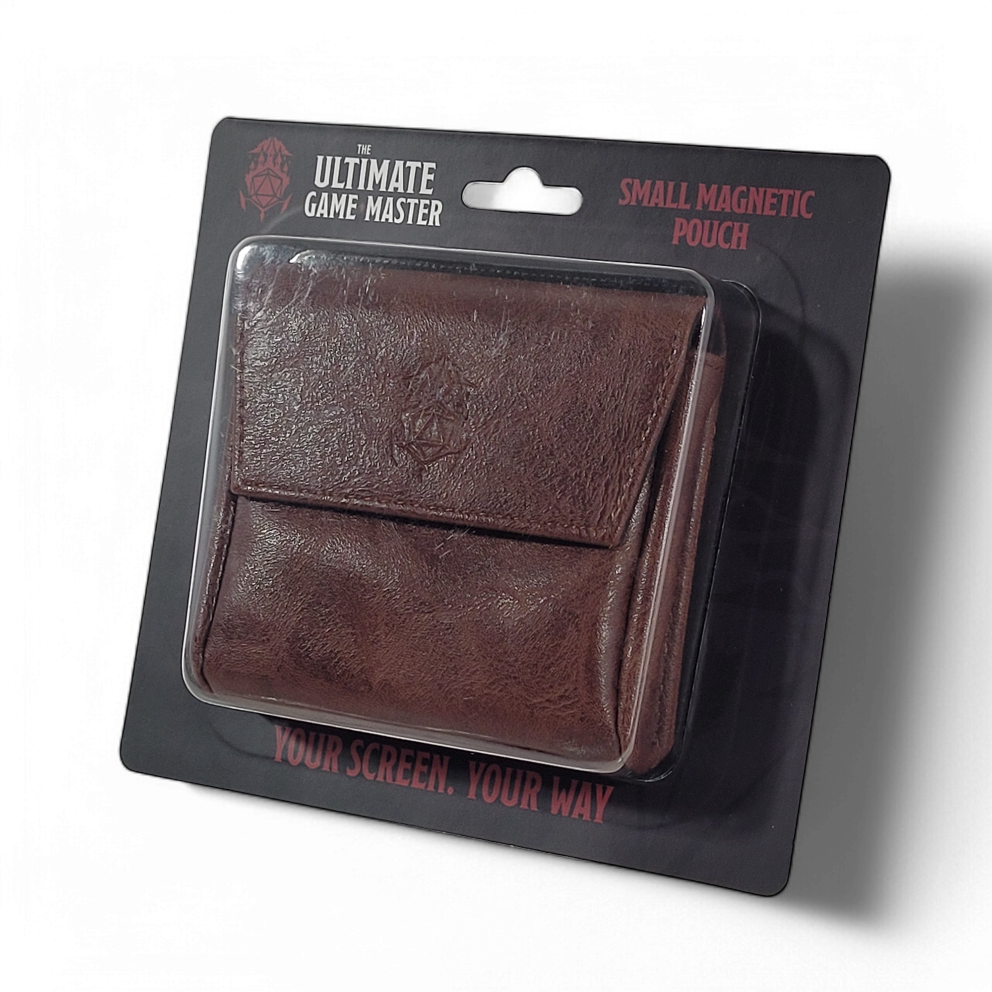 This is a white background image of the brown version of the Ultimate Game Master Screen Small Pouch in retail packaging.
