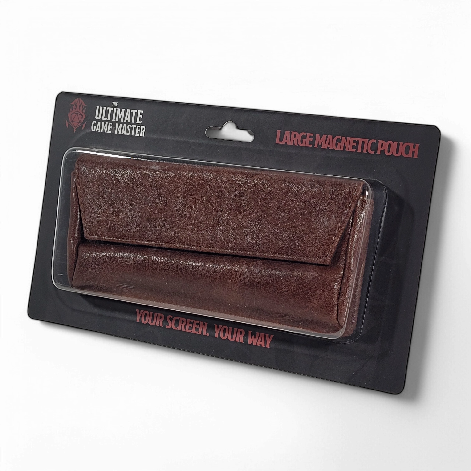 This is a white background image of he brown version of the Ultimate Game Master Screen Large Pouch in retail packaging.
