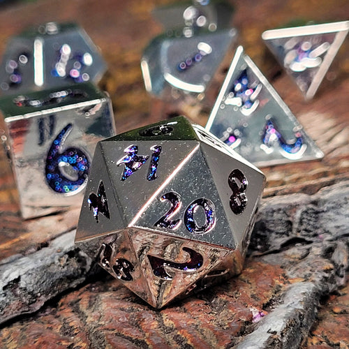 Forged Signature Chrome Silver Blue Glitter Metal RPG Dice Set of 7
