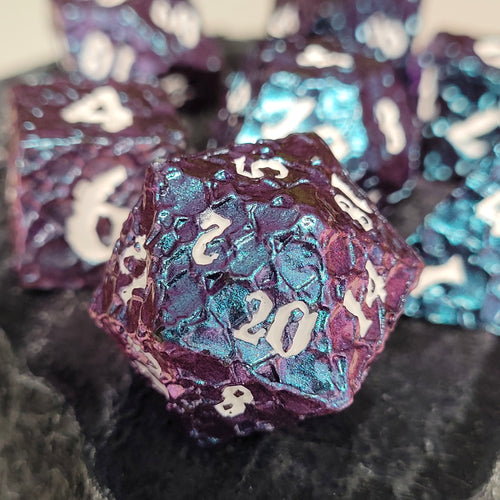 Meteorite Blue Purple Color Shift White Numbers Metal RPG Dice Set of 7