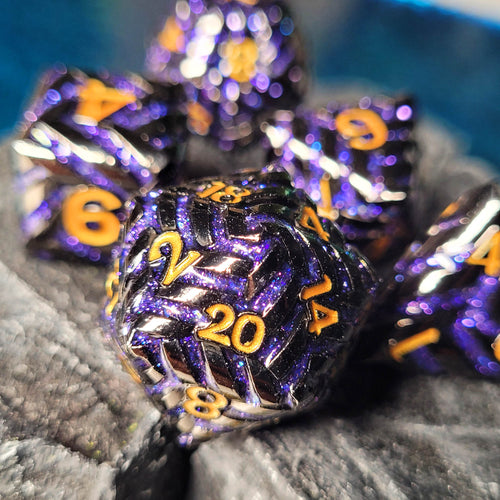 Cosmic Energy Gunmetal Purple with Gold Numbers Metal RPG Dice Set of 7