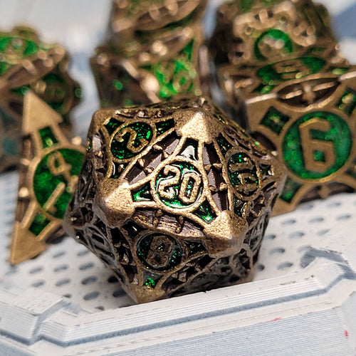 Arcane Enigma Gold Green Metal RPG Dice Set of 7