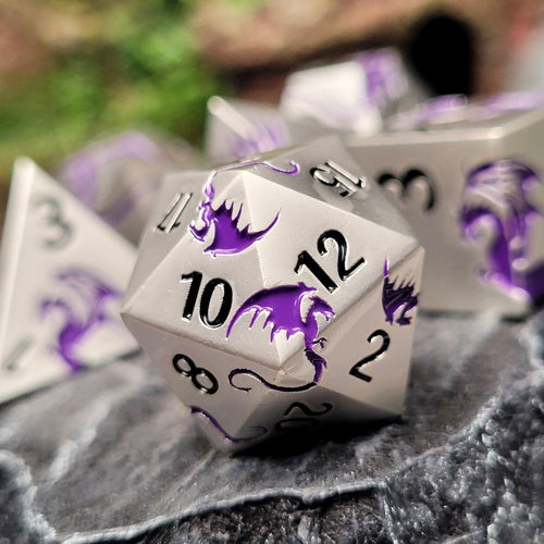 Dragons Flight Matte Silver Purple Metal RPG Dice Set of 7