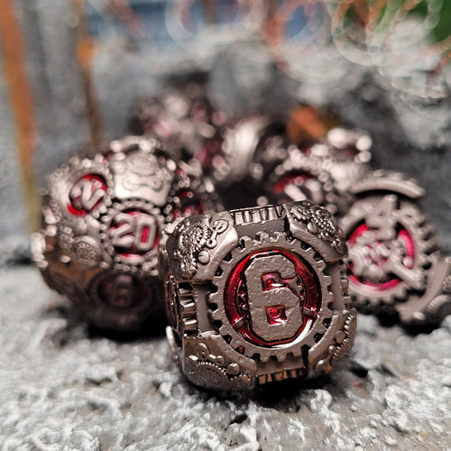 Chronomica Mechanicum Gunmetal Red Metal RPG Dice Set of 7