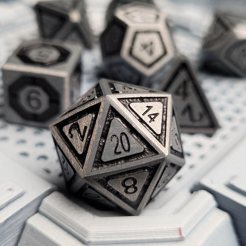 Celestial Artifact Brushed Silver Black Metal RPG Dice Set of 7
