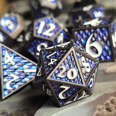 Dragon Scale Gunmetal Matte Blue Glitter Set of 7 Metal Dice