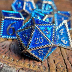 Deep Dragon Silver Blue Metal RPG Dice Set of 7