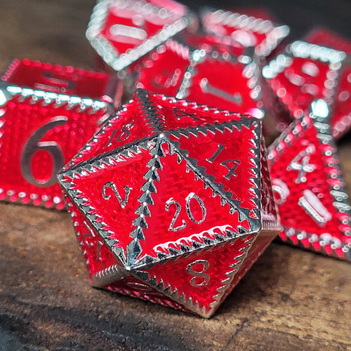 Deep Dragon Silver Red Metal RPG Dice Set of 7