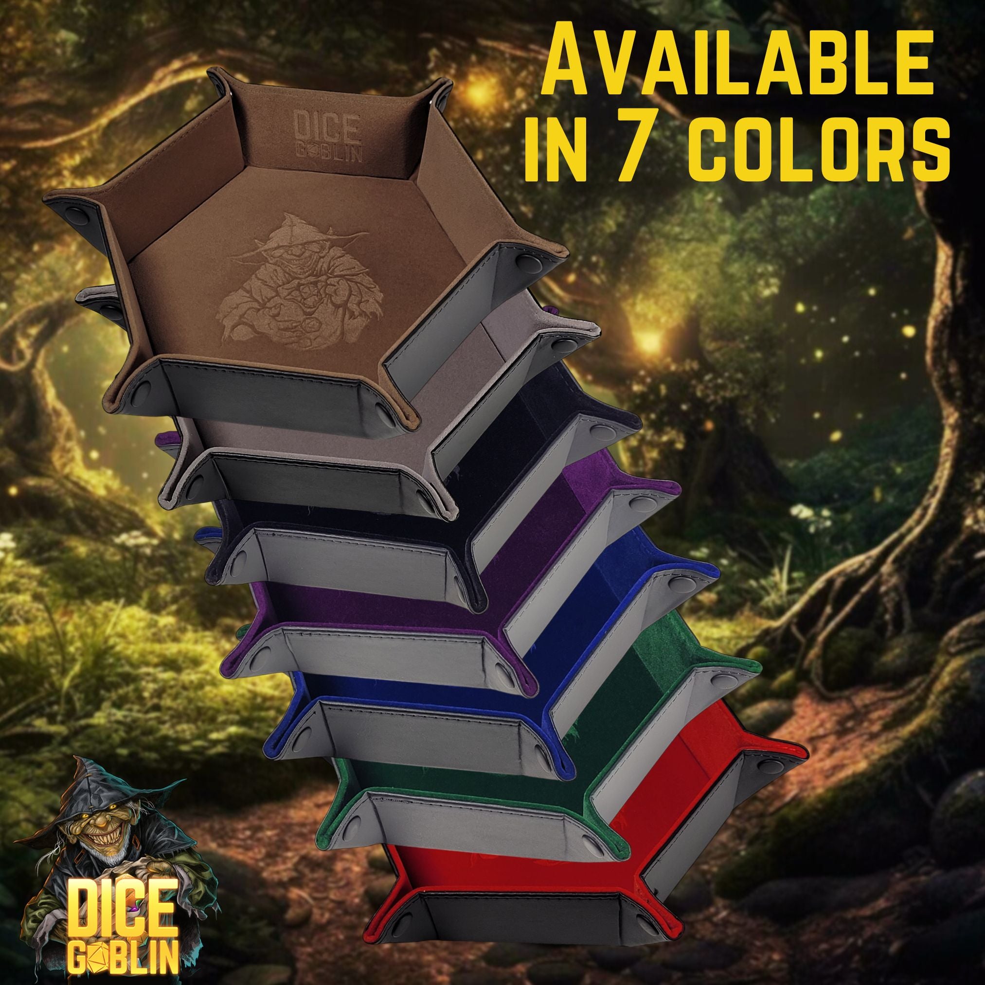 This is an informative graphic showing all 7 available colors for the Dice Goblin Hexagon Folding Snap Dice Tray.