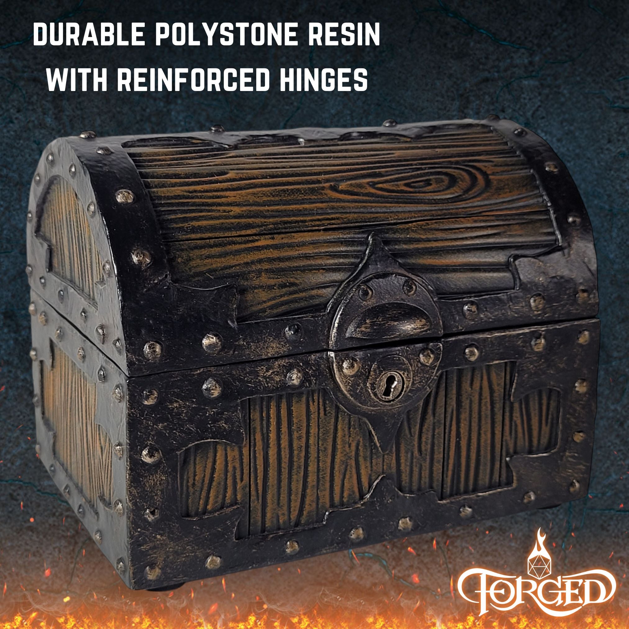 This is an informative graphic of the Forged Gaming Large Mimic Chest highlighting its polystone resin construction and reinforced hinges.