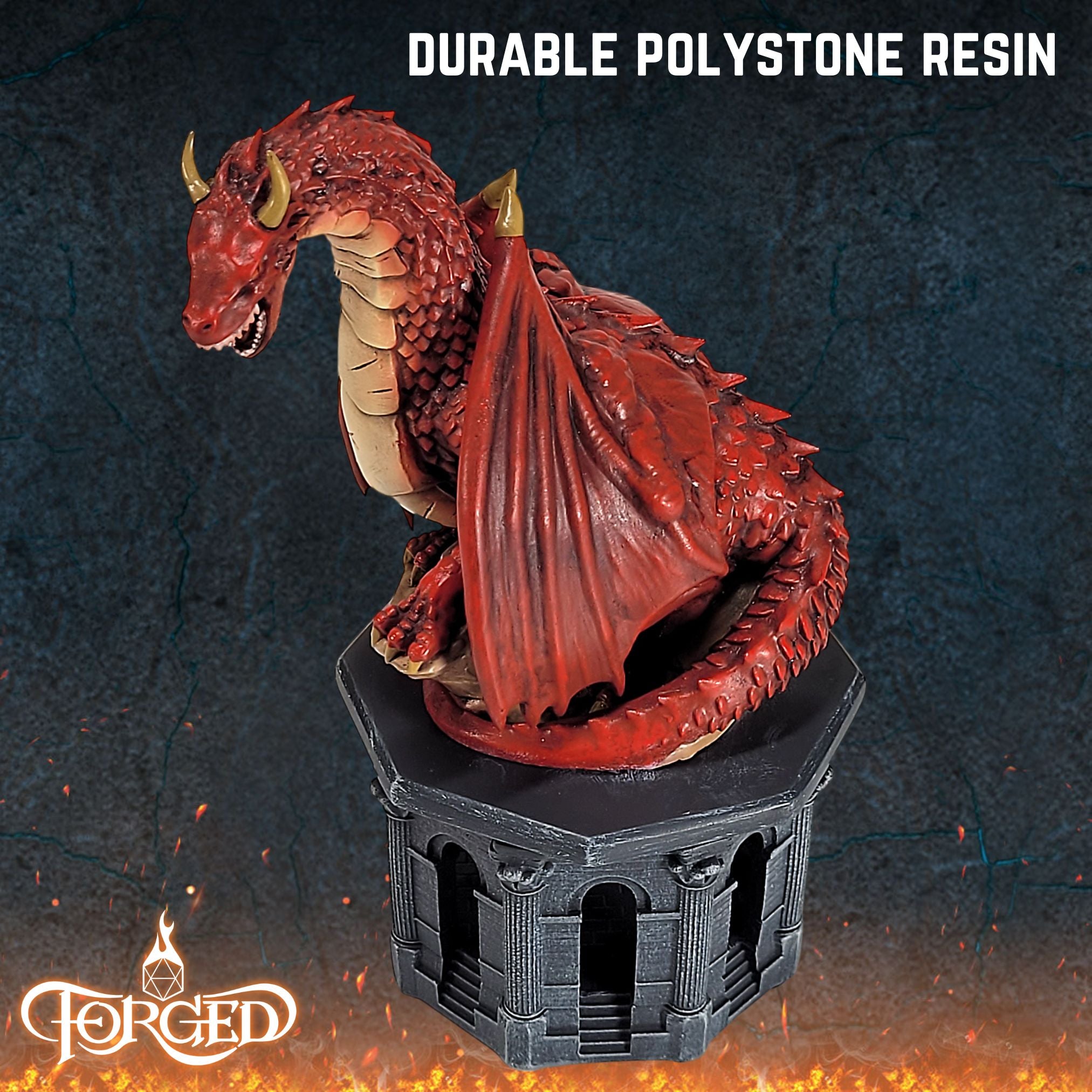 This is an informative graphic of the Forged Gaming Dragon Dice Jail highlighting that the piece is made of polystone resin.