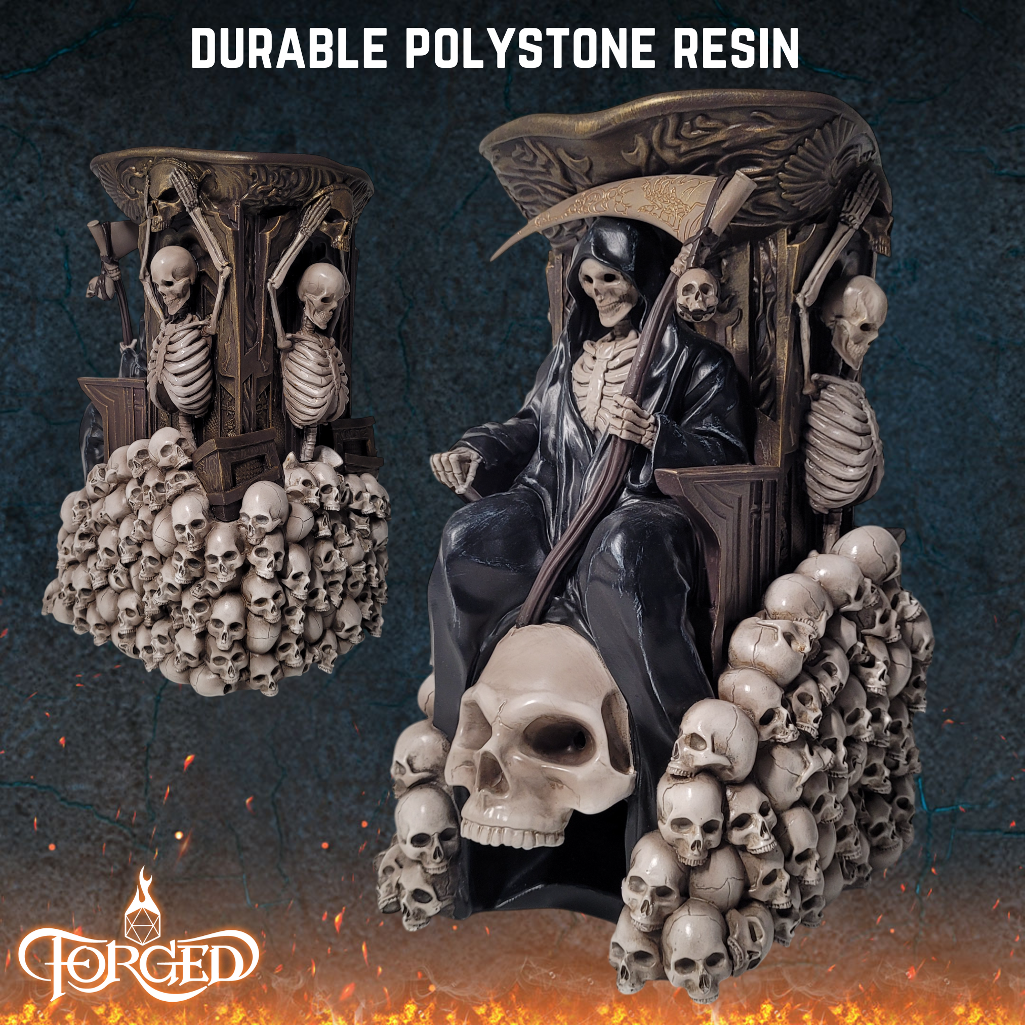 This is an informative graphic for the Forged Gaming Grim Thorne Dice Tower. It shows 2 perspectives of the product and highlights that it is made from durable polystone resin.