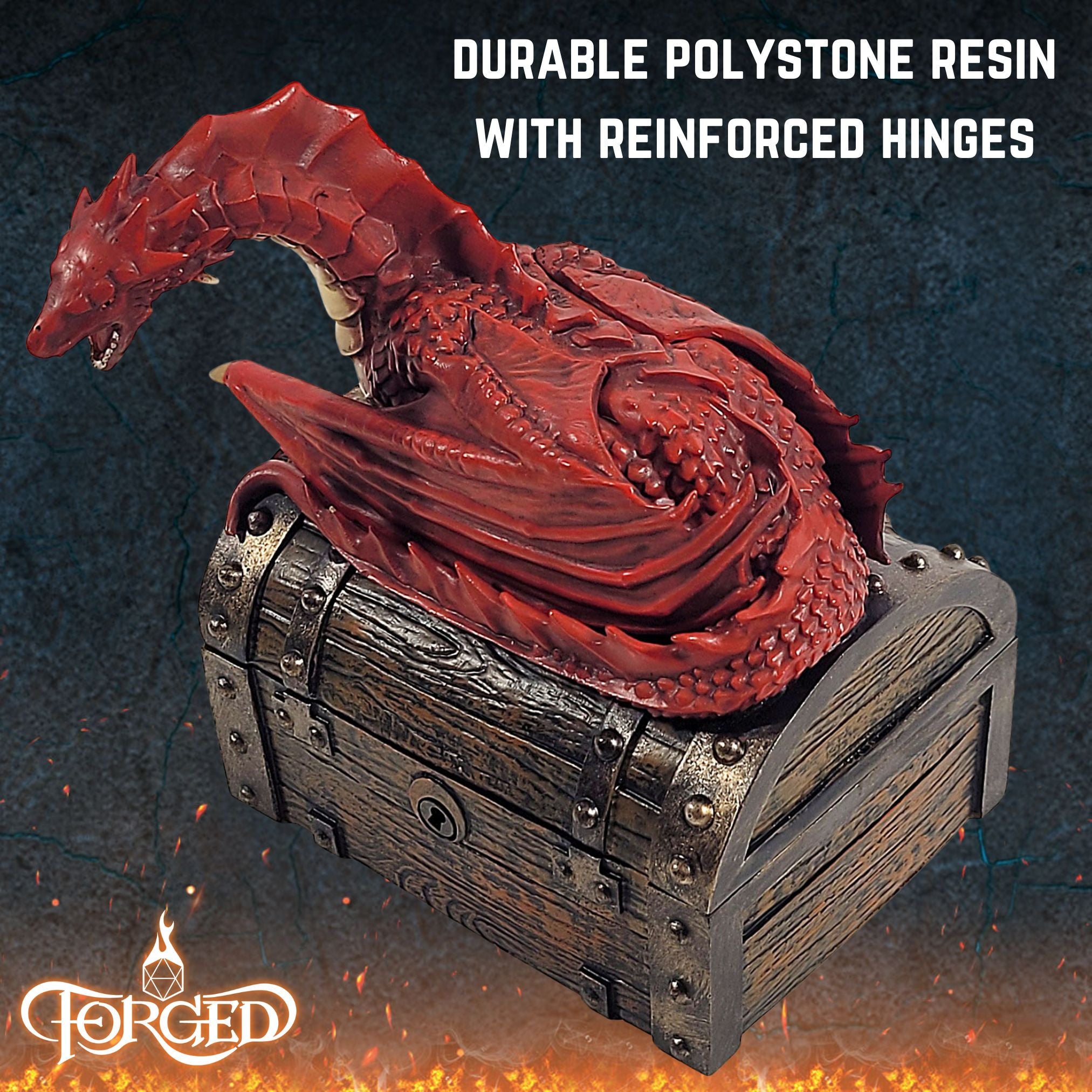 This is an informative graphic of the Forged Gaming Wyvern Dice Chest describing that the piece is made from durable polystone resin and has reinforced hinges.