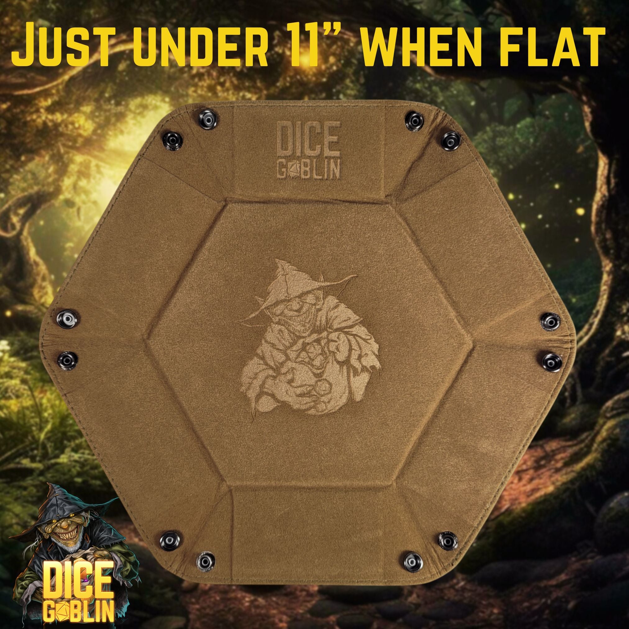 This is an informative graphic for the Dice Goblin Hexagon Folding Snap Dice Tray highlighting that the product is under 11 inches when flat for storage and transport.