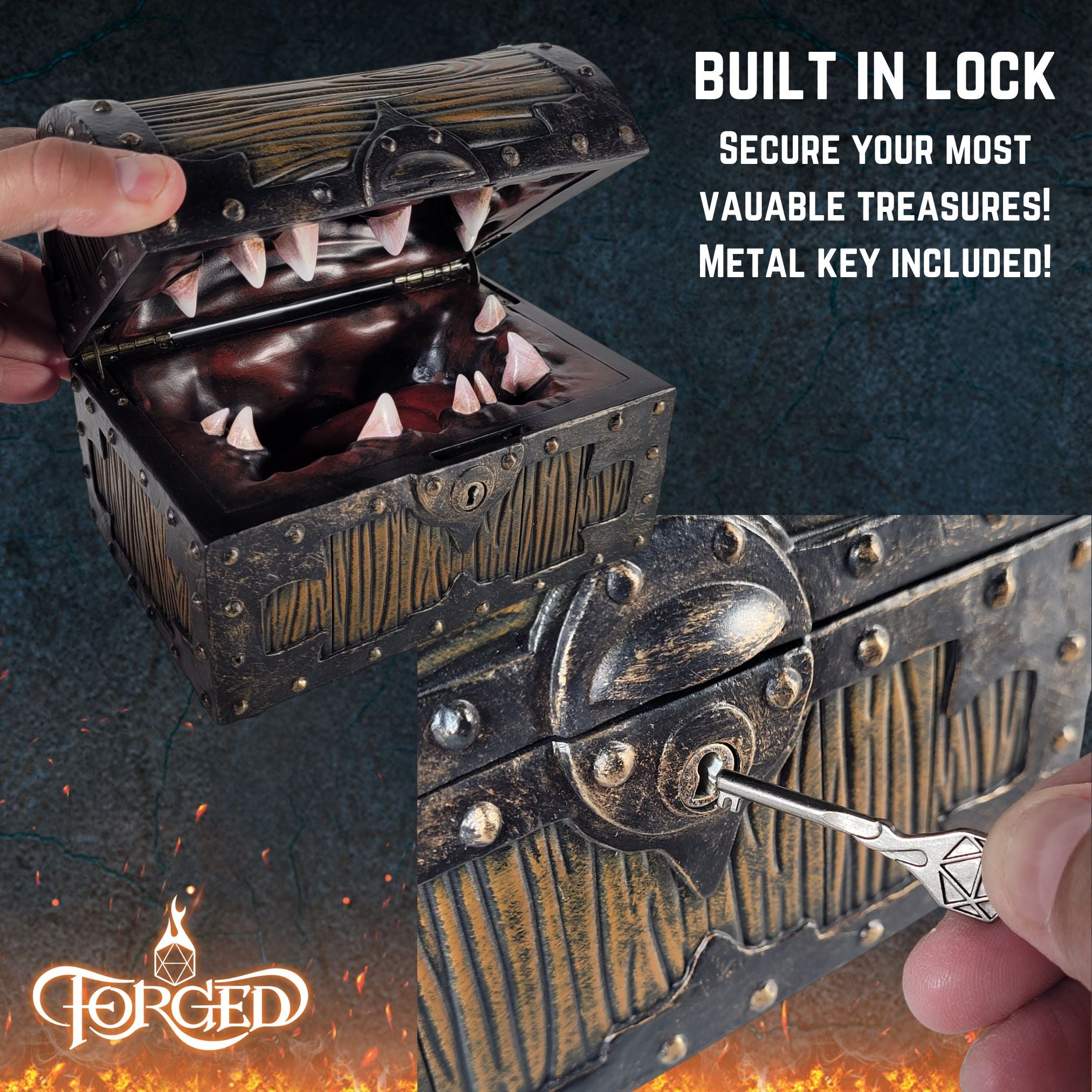 This is an informative graphic of the Forged Gaming Large Mimic Chest highlighting the working lock and included metal key.