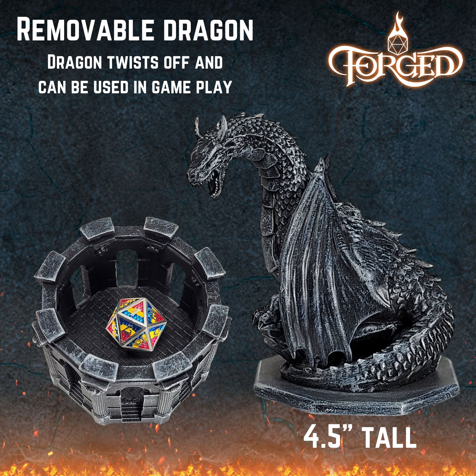 This is an informative graphic of the Forged Gaming Dragon Dice Jail describing how the top and bottom separate, that the dragon top can be used as a dragon miniature, and that the dragon is 4.5 inches tall.