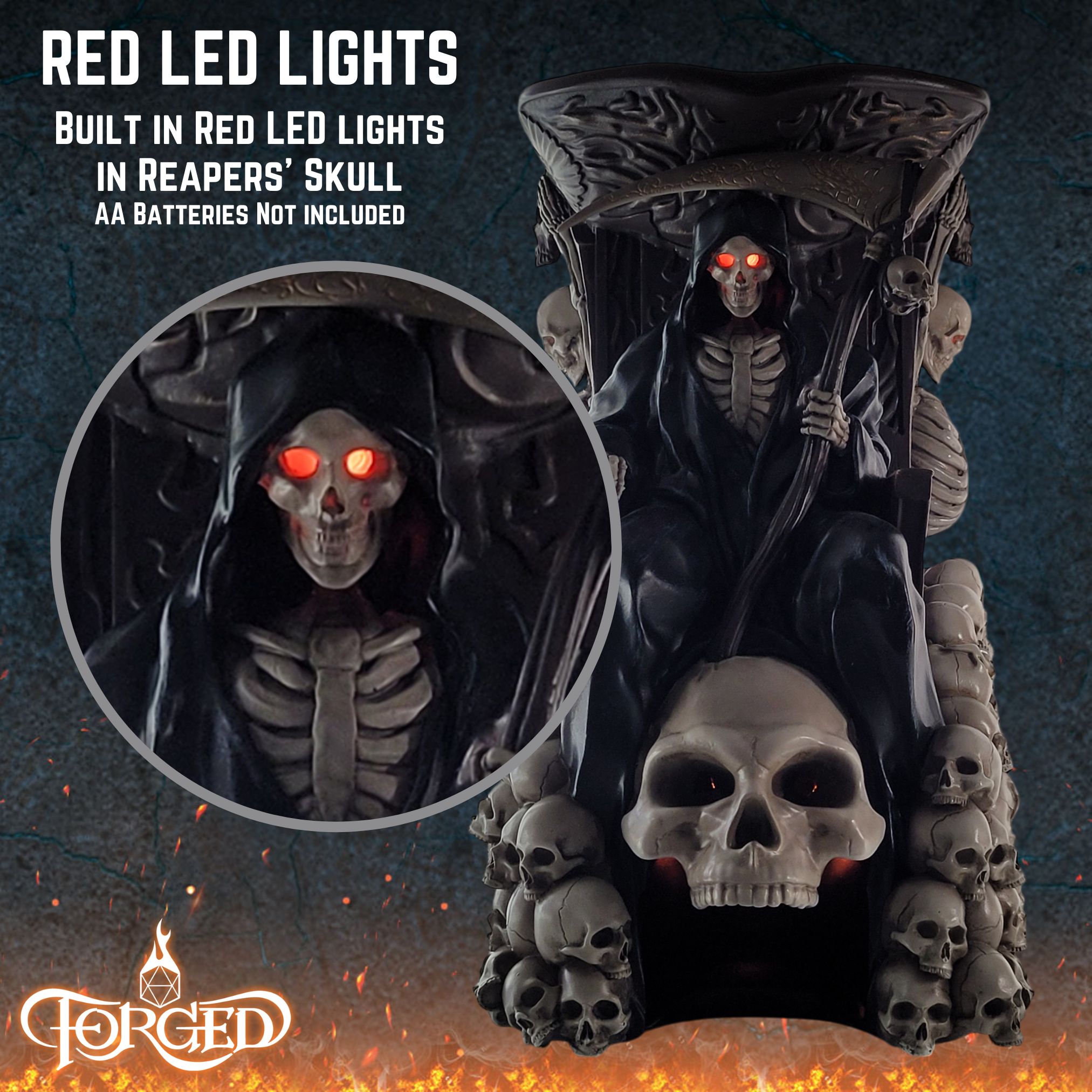This is an informative graphic for the Forged Gaming Grim Thorne Dice Tower highlighting the red LED lights in the eyes.