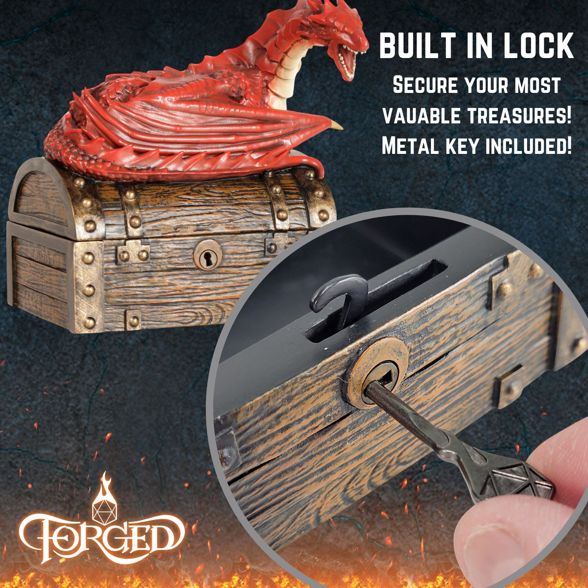 This is an informative graphic of the Forged Gaming Wyvern Dice Chest describing the working lock mechanism and included metal key.