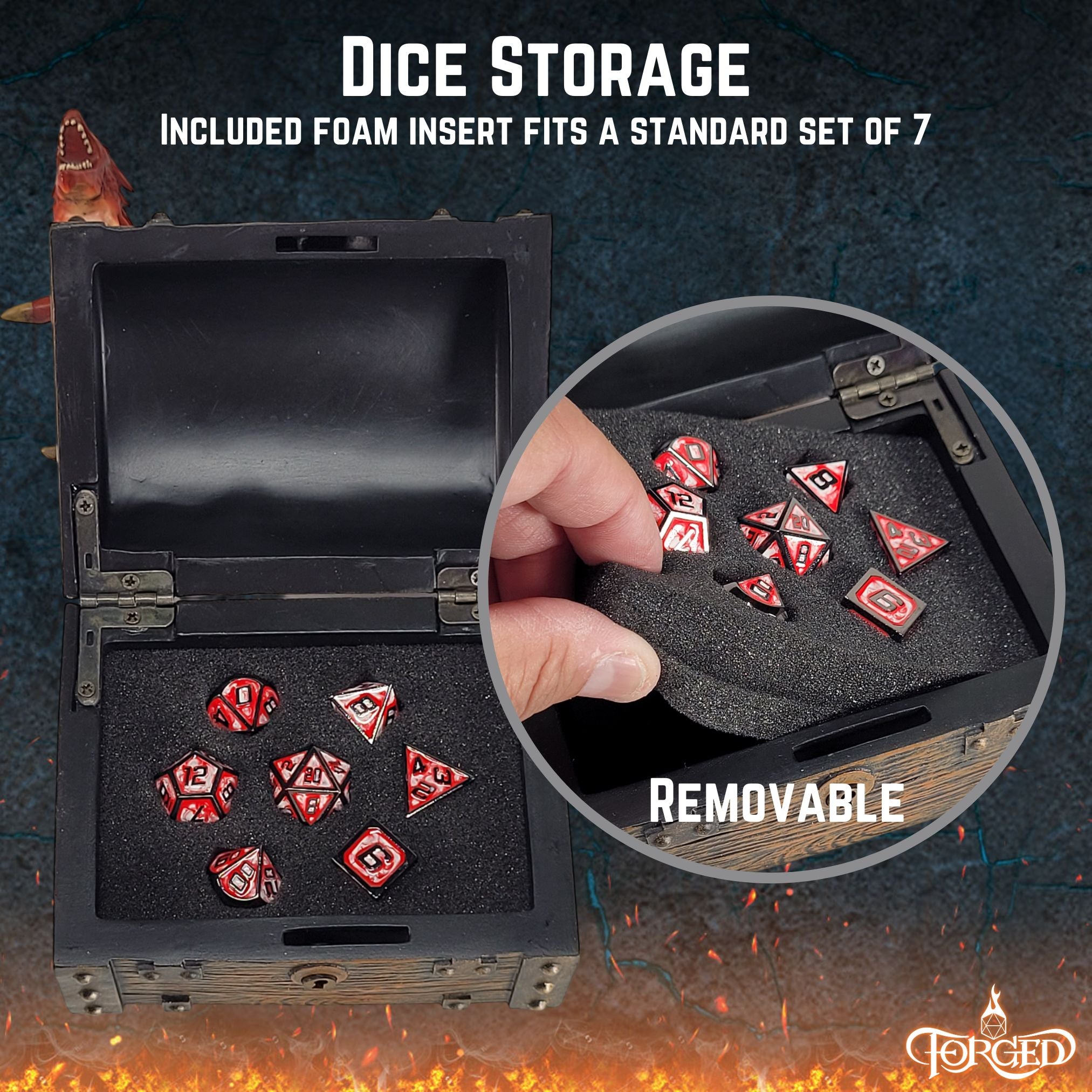 This is an informative graphic of the Forged Gaming Wyvern Dice Chest describing the dice storage feature and the removable foam insert.