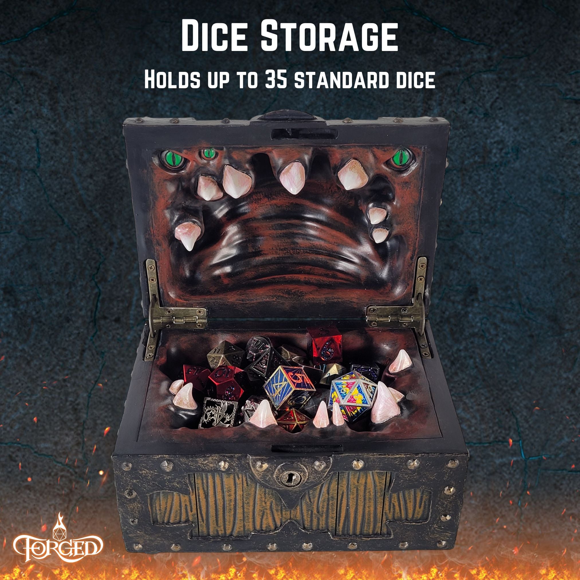 This is an informative graphic of the Forged Gaming Large Mimic Chest highlighting its storage capacity of up to 35 polyhedral dice.