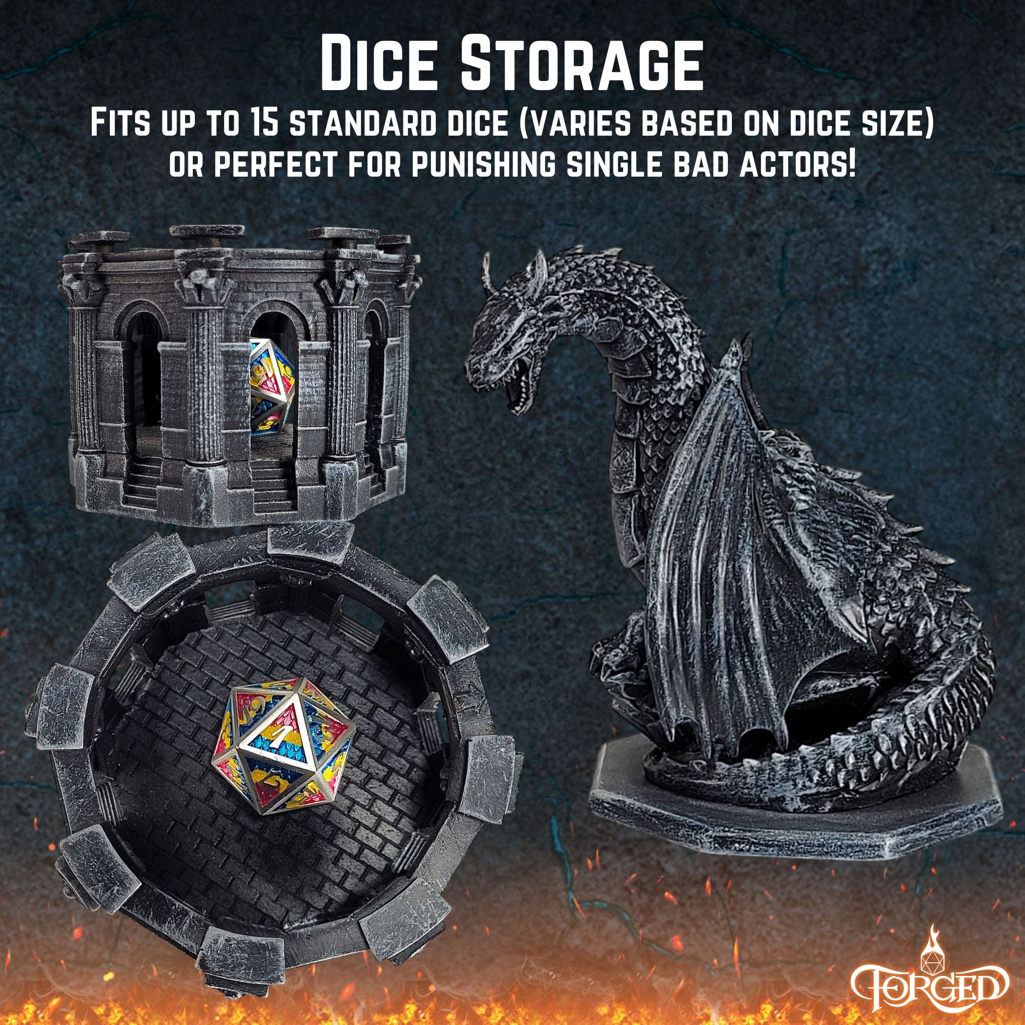 This is an informative graphic of the Forged Gaming Dragon Dice Jail describing that the dice jail can hold up to 15 polyhedral dice.