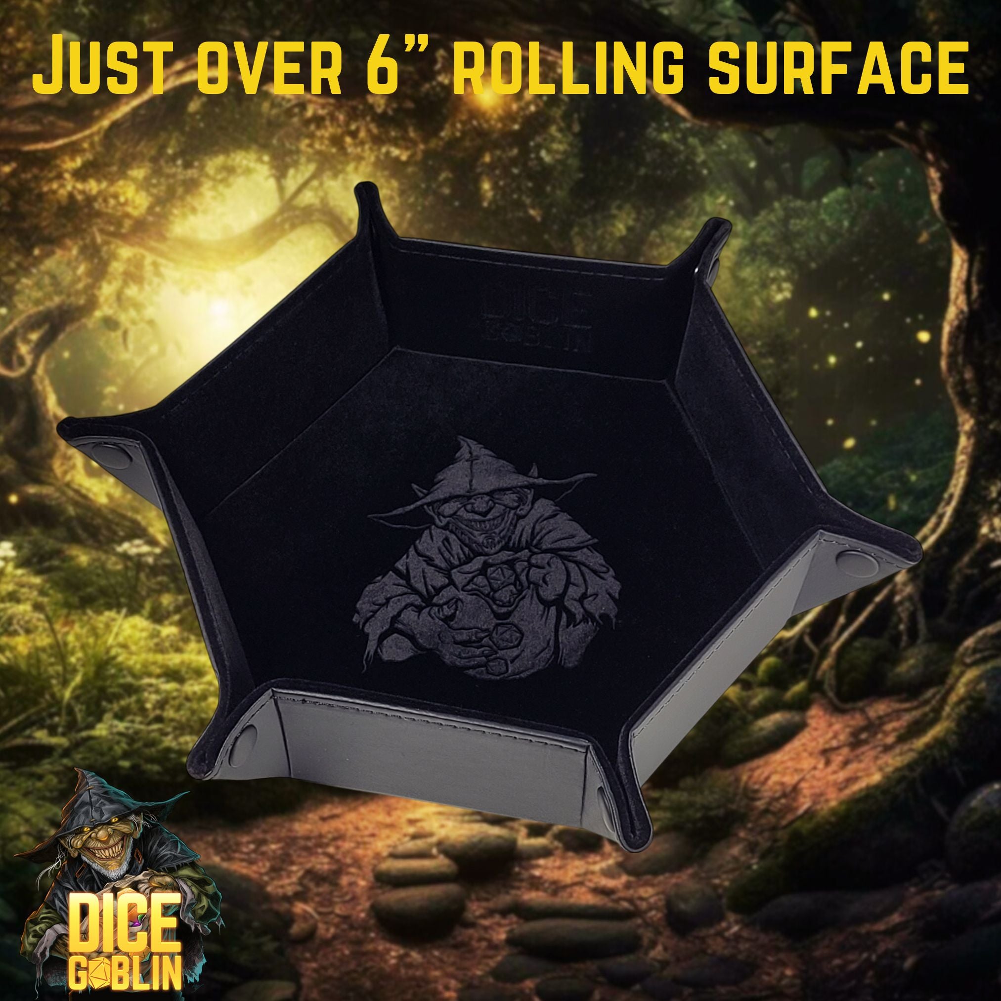 This is an informative graphic for the Dice Goblin Hexagon Folding Snap Dice Tray highlighting that the interior rolling surface is greater than 6 inches in diameter.