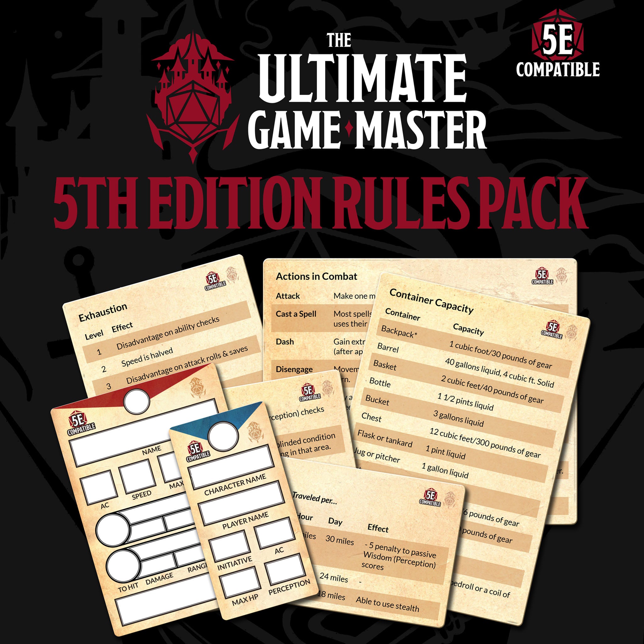 This in an informational graphic displaying the contents of the Ultimate Game Master Screen (D&D) 5th Edition Rules Pack.