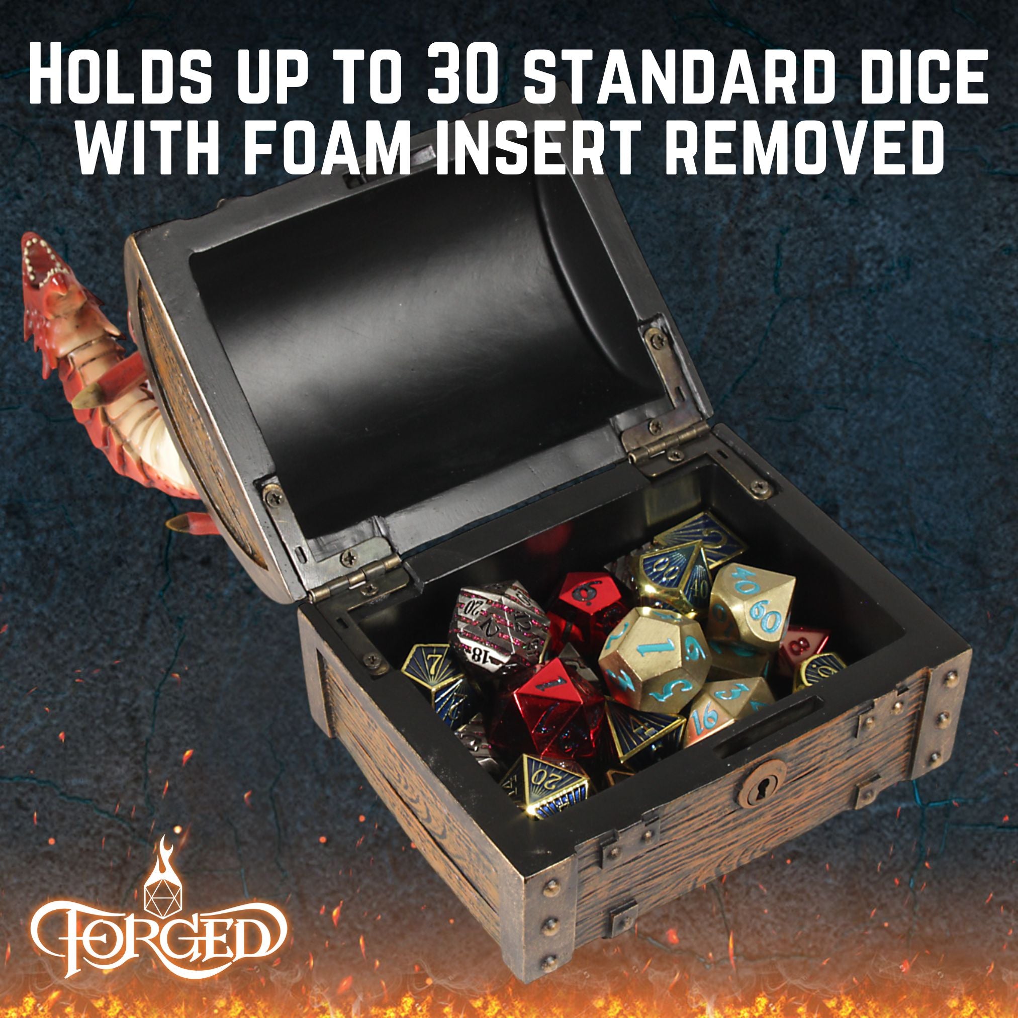 This is an informative graphic of the Forged Gaming Wyvern Dice Chest describing that the piece can hold up to 30polyhedral dice.