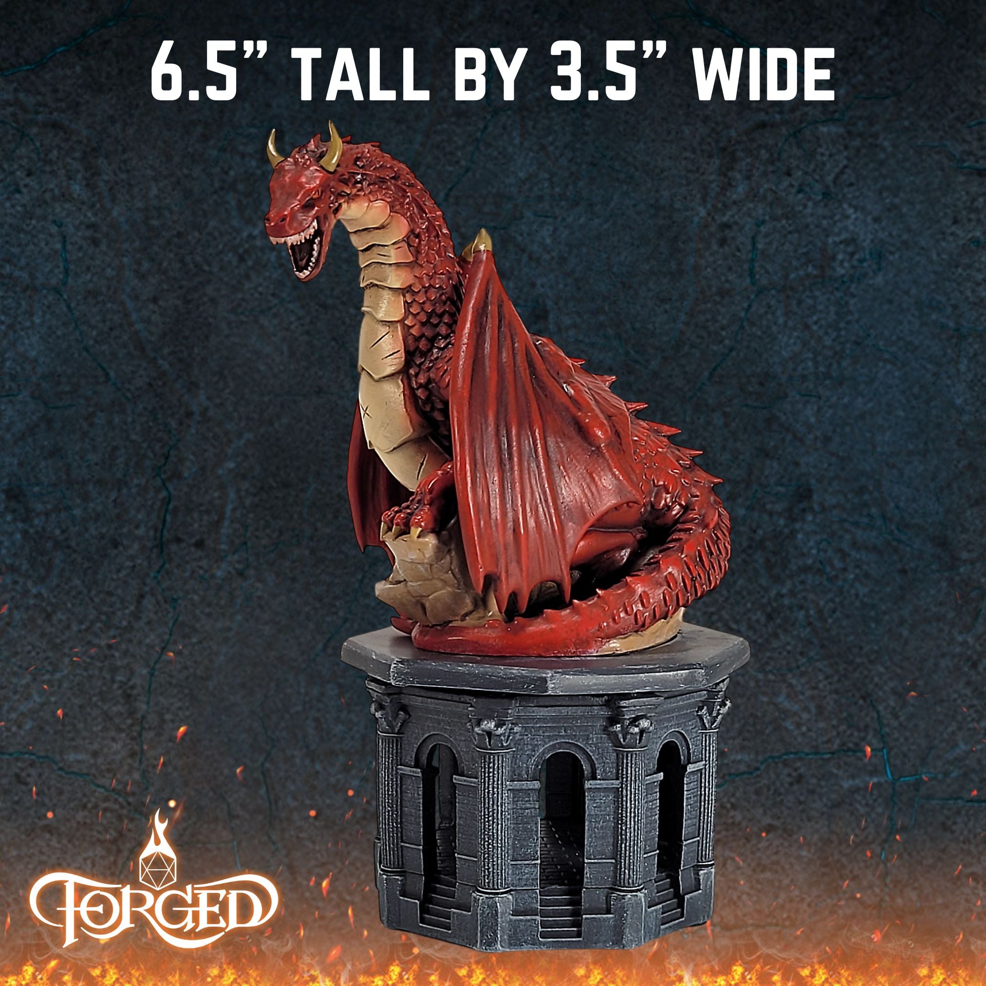 This is an informative graphic of the Forged Gaming Dragon Dice Jail describing that the whole piece is 6.5 inches tall and 3.5 inches wide.