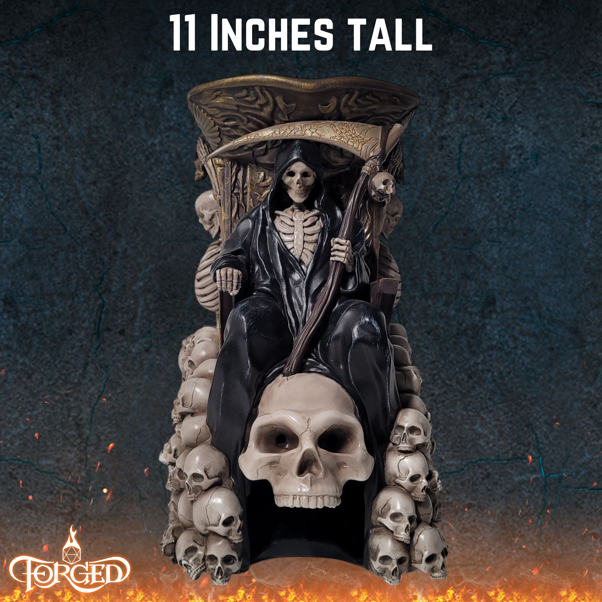 This is an informative graphic for the Forged Gaming Grim Thorne Dice Tower highlighting the piece's 11 inch height.