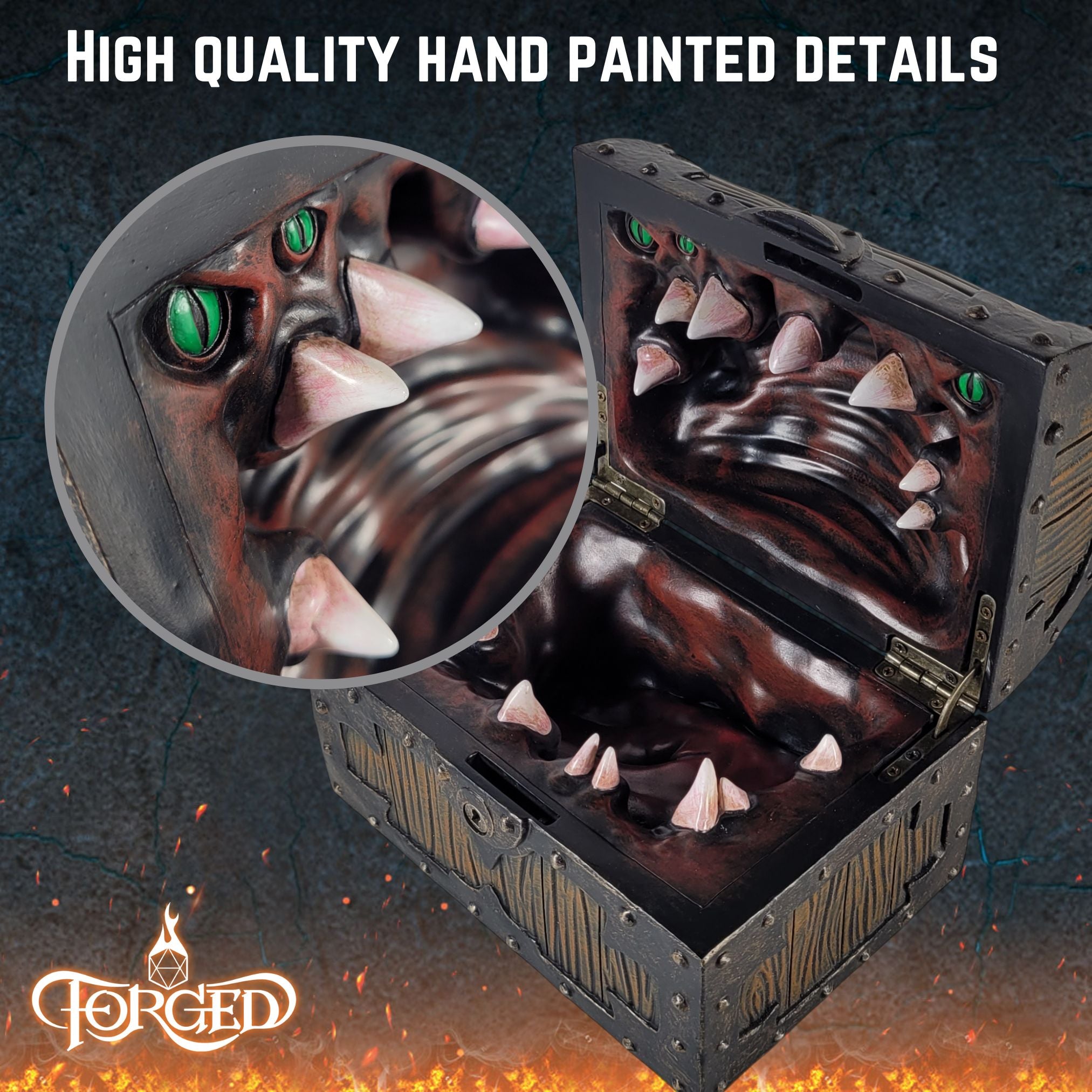 This is an informative graphic of the Forged Gaming Large Mimic Chest highlighting its hand painted details.