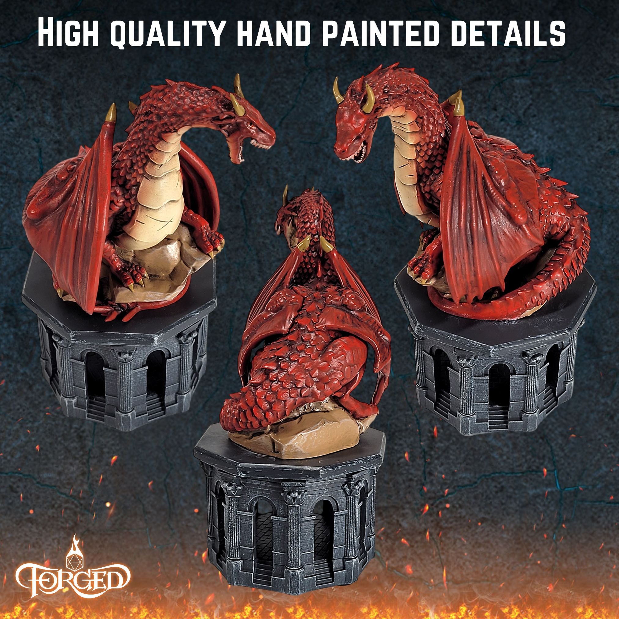 This is an informative graphic of the Forged Gaming Dragon Dice Jail highlighting the detailed painting.