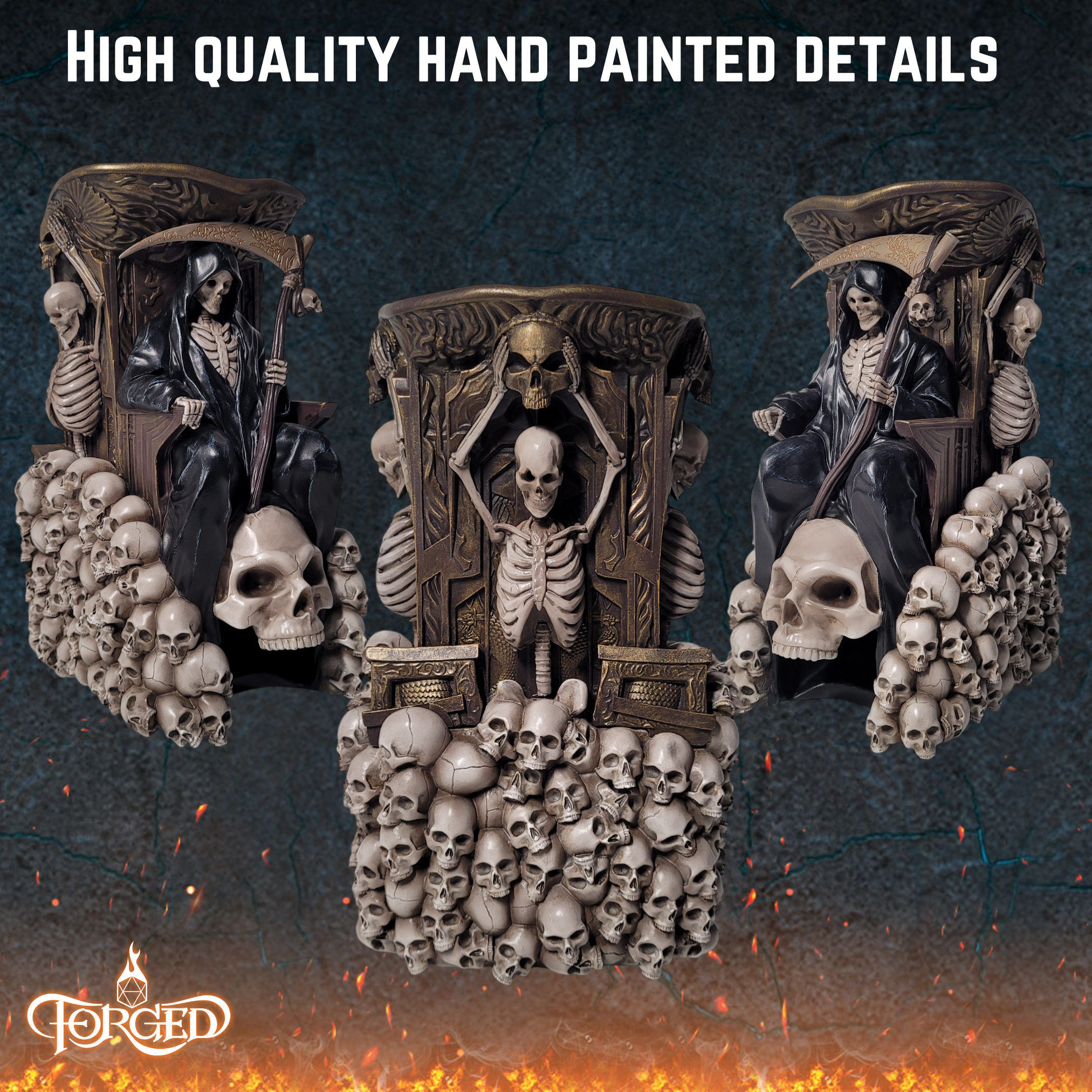 This is an informative graphic for the Forged Gaming Grim Thorne Dice Tower highlighting the hand-painted details.