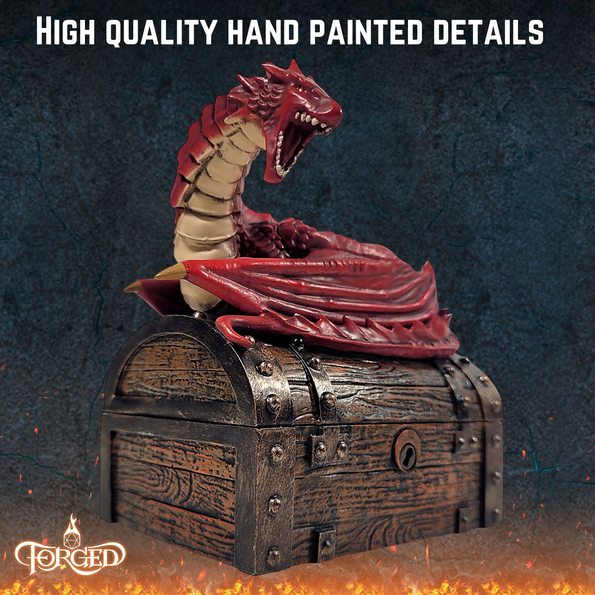 This is an informative graphic of the Forged Gaming Wyvern Dice Chest highlighting the detailed painted finish.