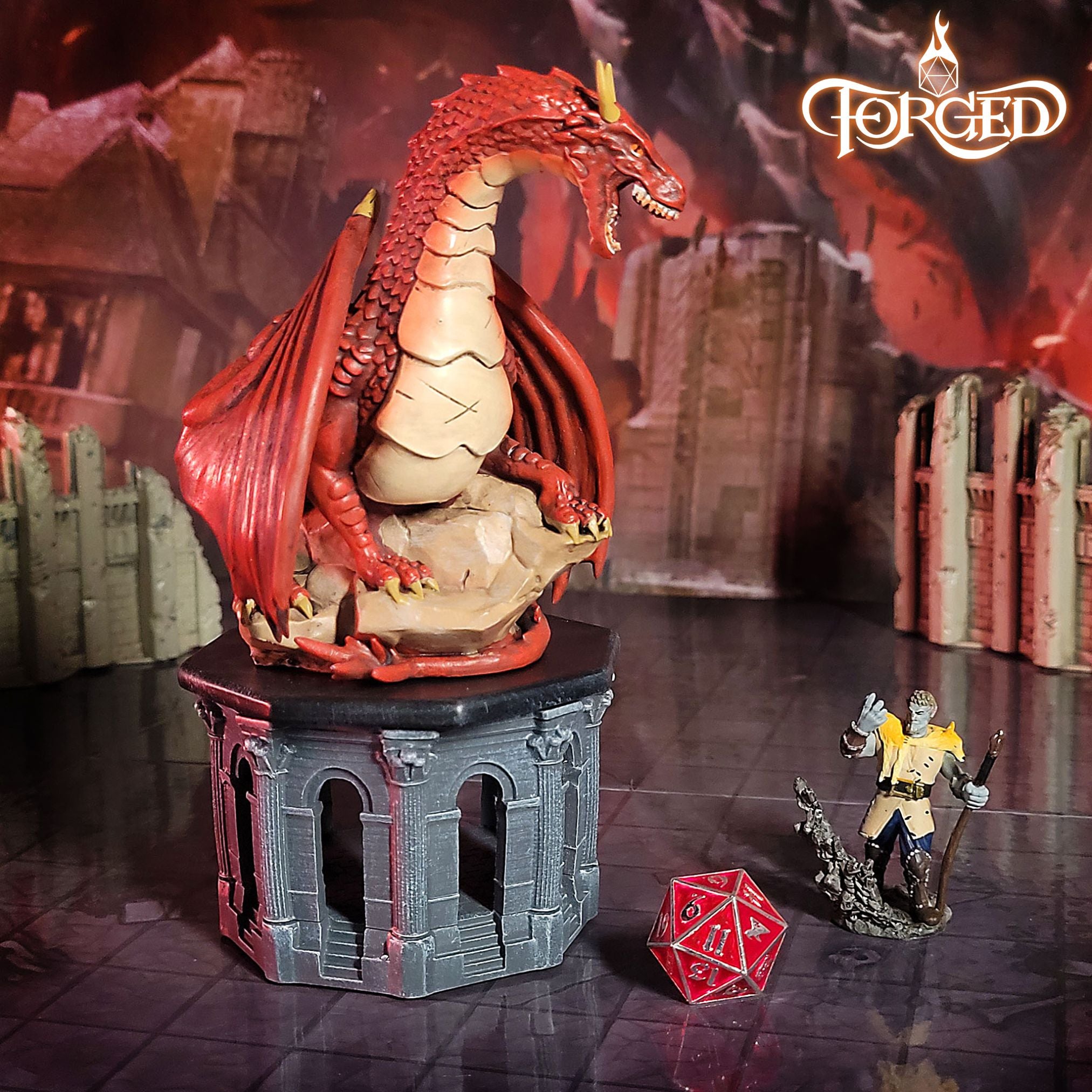 This is an environmental image of the Forged Gaming Dragon Dice Jail in Red against a dungeon encounter map background.