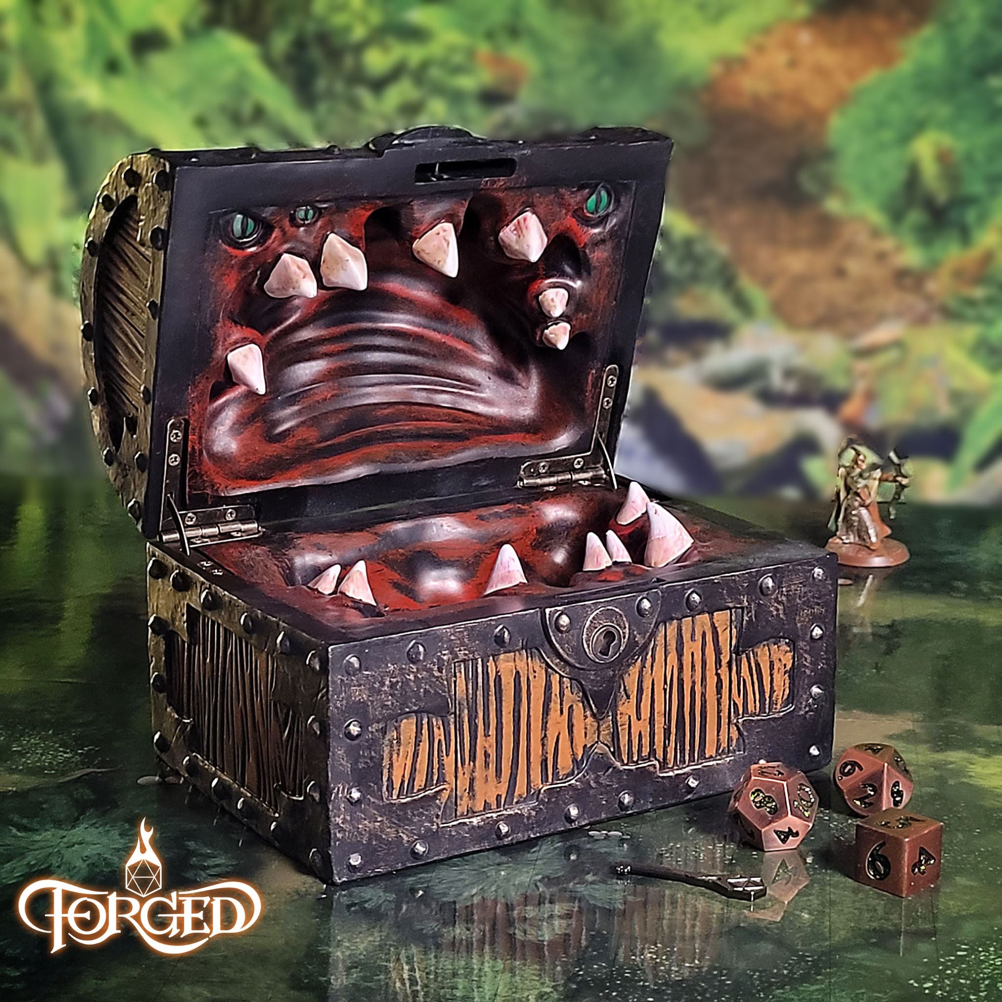 This is an environmental image of the Forged Gaming Large Mimic Chest on a woodland encounter map background.