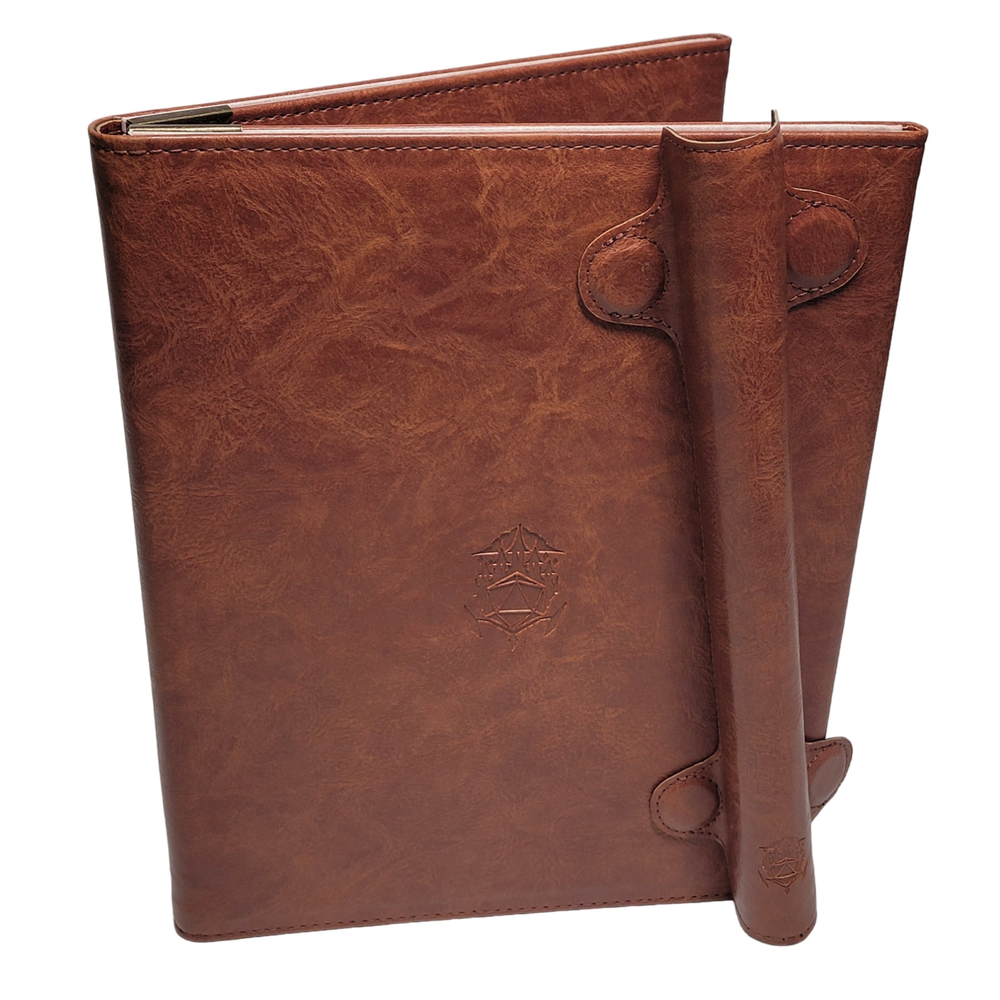 This is a white background image of the brown version of the  of the Portrait  Ultimate Game Master Screen with the spine clasp attached as a dice tower.