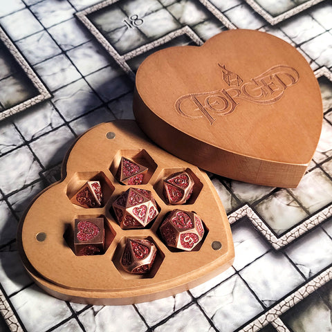 Heart Fate Set of 7 Heart-Shaped Metal RPG Dice and Heart Dice Box