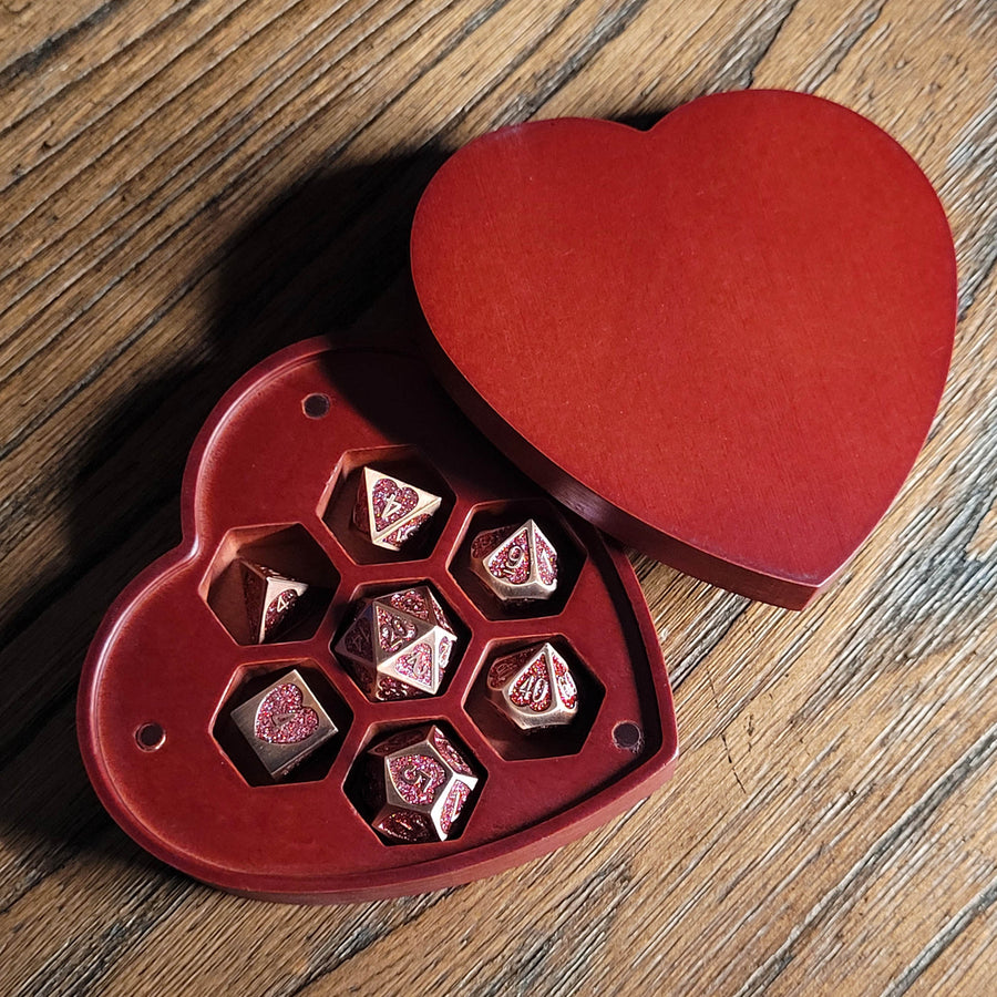 Heart Fate Set of 7 Heart-Shaped Metal RPG Dice and Heart Dice Box