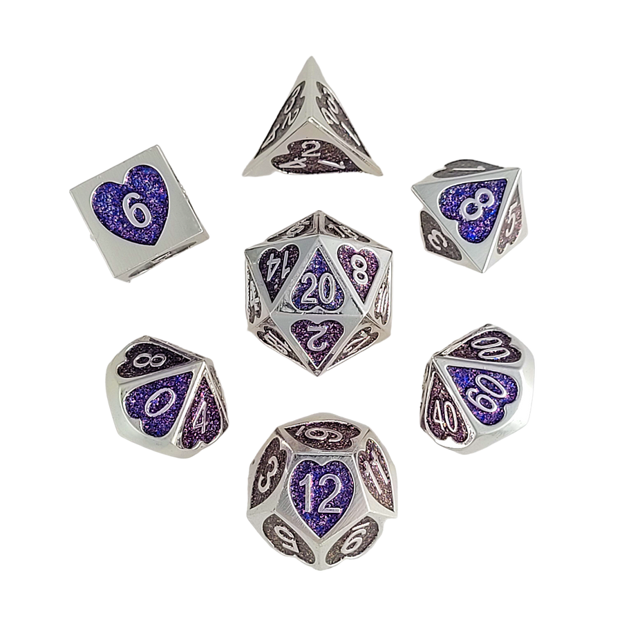 Soaring Heart Set of 7 Heart-Shaped Metal RPG Dice and Heart Dice Box