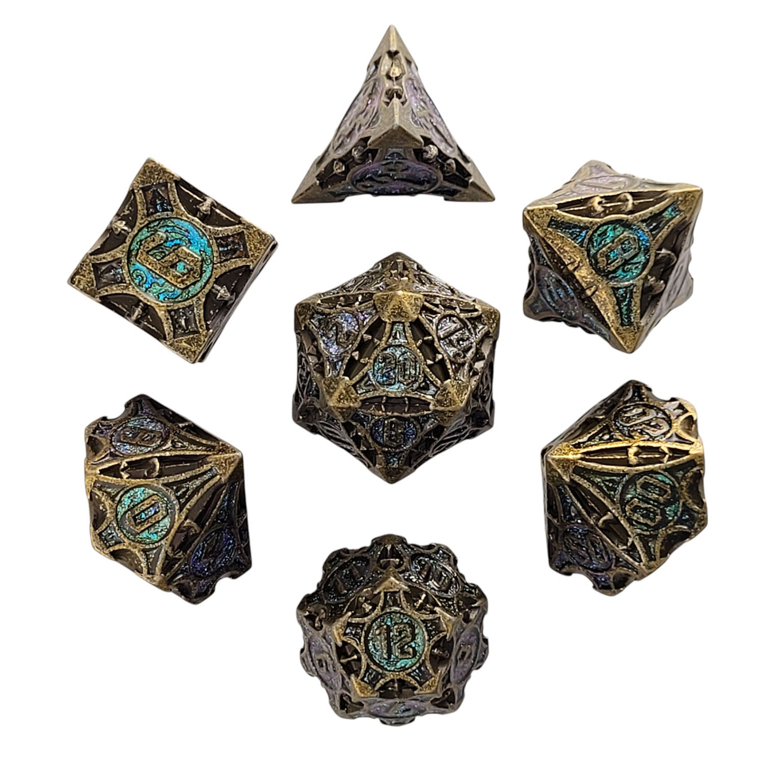 This is a white background image of the Forged Gaming Arcane Enigma Metal RPG Dice Set. 