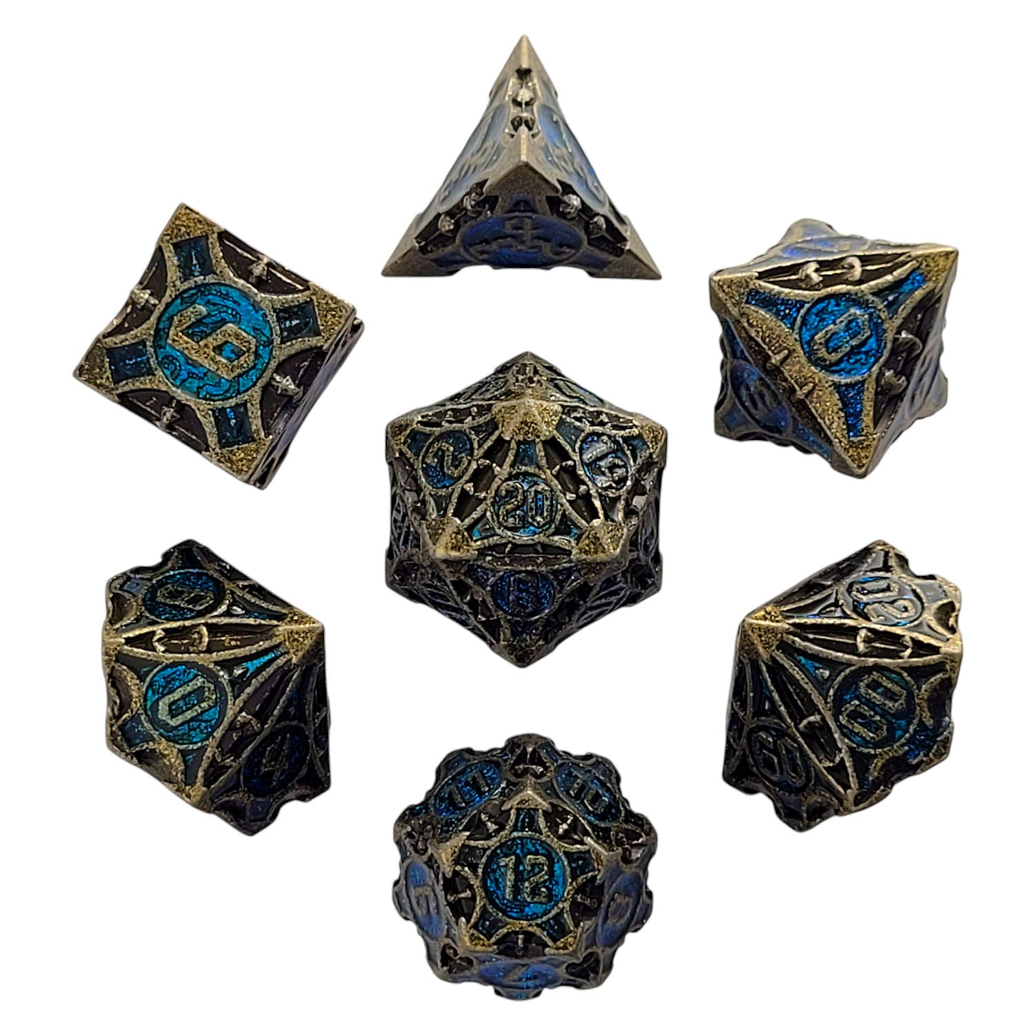 This is a white background image of the Forged Gaming Arcane Enigma Gold Blue Metal RPG Dice Set.