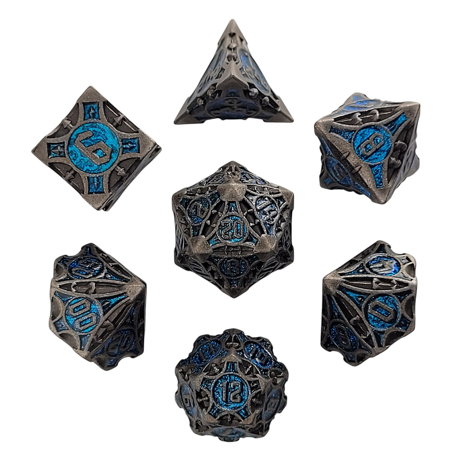 This is a white background image of the Forged Gaming Arcane Enigma Iron Blue Metal RPG Dice Set.